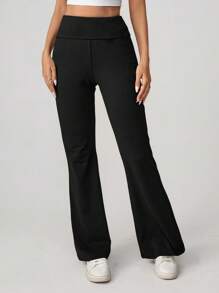 SHEIN EZwear Women Plus Size Solid High Waisted Flare Casual Pants, Versatile
