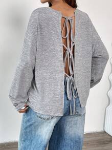 SHEIN EZwear 女款休閒純色針織露背綁帶長袖寬鬆上衣 - 灰色 - 查看 6