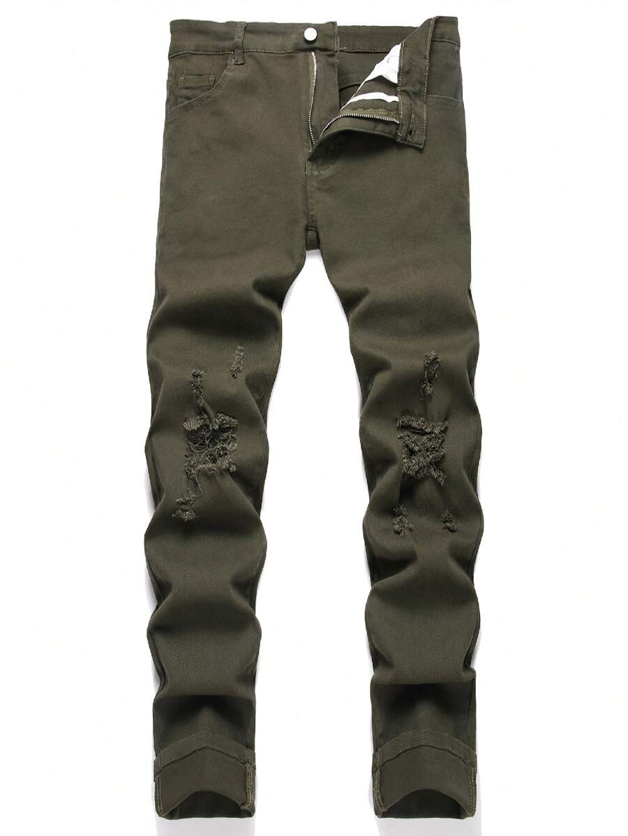 Manfinity LEGND Men's Casual Washed Distressed Slim Fit Denim Jeans - Army Green - View 1