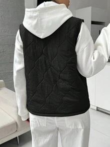 SHEIN Essnce 女士纯色圆领拉链背心，秋冬，秋季女士，秋季服装，秋季女士服装，冬季服装，拉链夹克， - 黑色 - 查看 2