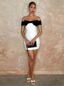 SHEIN BAE Dames Color Block Off Shoulder Bow Decor A-lijn Mini Partyjurk, Geschikt voor bijeenkomsten, avondje uit, feest, date