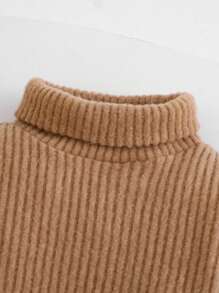 SHEIN Leap Crew 女宝宝秋冬可爱针织弹力高领长袖连衣裙 - 卡其色 - 查看 4