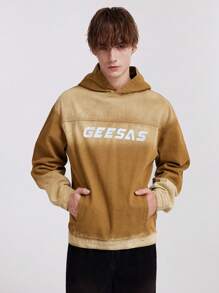 ROMWE MEN Prep Men Ombre Letter Print Hooded Denim Jacket - Khaki - View 5