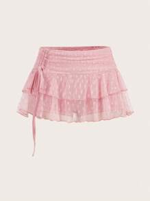 Sweetina Saia Feminina de Cintura Ultrabaixa com Renda e Tule, Dupla Camada Pregueada com Amarração e Fenda Alta - Rosa chiclete - Visão 1