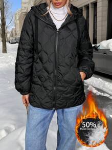 SHEIN LUNE Hooded Loose Midi Length Parka With Quilted Pumpkin Plaid Pattern For Women Winter Outfit Keep Warm Winter Coat Down& Feathers - Black - View 6