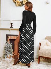 SHEIN VCAY Đầm dài tay xẻ đùi cổ tròn in họa tiết chấm bi cho nữ - màu đen - Xem 2