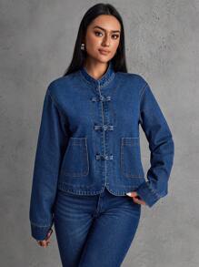 SHEIN EZwear 女式秋季长袖纽扣式胸袋休闲牛仔夹克 - 藍色 - 查看 5