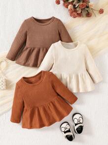 SHEIN Baby Girl Ruffle Hem Round Neck Long Sleeve Casual Top, Solid Color, For Autumn - Multicolor - View 1