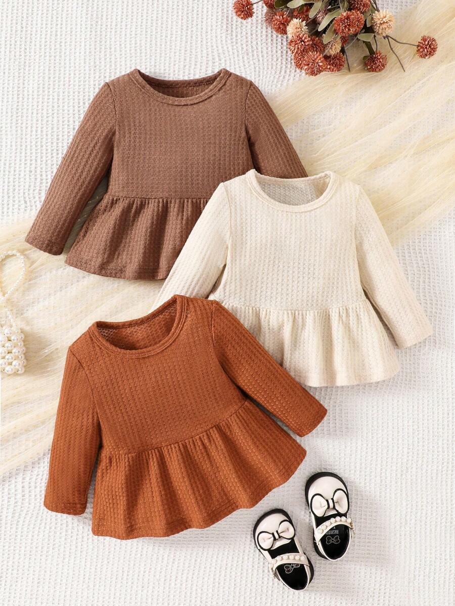 SHEIN Baby Girl Ruffle Hem Round Neck Long Sleeve Casual Top, Solid Color, For Autumn - Multicolor - View 1