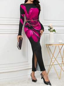 Modelyn Women Elegant Floral Print Fitted Dress, Autumn Long Evening Dresses - Black - View 5