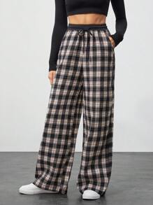 SHEIN Tall Contrast Color Black And White Plaid Versatile Casual Texture Design Loose Trousers - Black and White - View 7