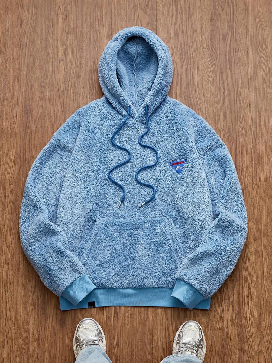 Manfinity VCAY 男士针织休闲时尚毛绒宽松长袖连帽运动衫，适合秋冬季，浅蓝色蓬松图案厚羊毛连帽衫，适合朋友、丈夫、男朋友的礼物 - 藍色 - 查看 1