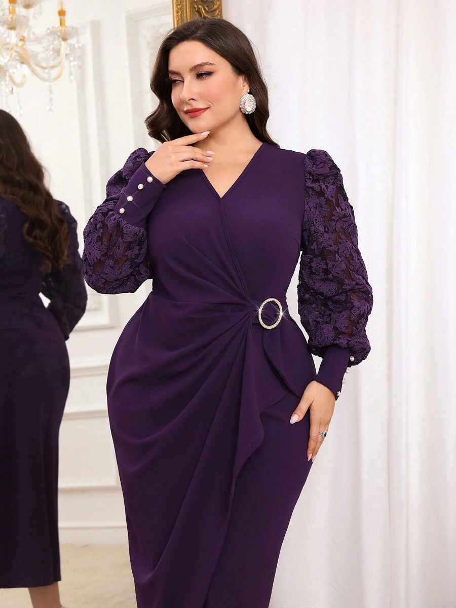 Modelyn 大码女式纯色 V 领花卉提花褶皱长袖优雅连衣裙长款晚礼服 - 紫色 - 查看 1