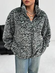 SHEIN EZwear 大码女式豹纹毛绒夹克，适合秋冬季 - 灰色 - 查看 1