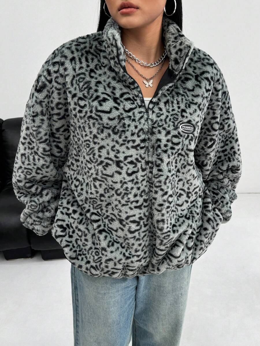 SHEIN EZwear 大码女式豹纹毛绒夹克，适合秋冬季 - 灰色 - 查看 1