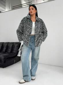 SHEIN EZwear 大码女式豹纹毛绒夹克，适合秋冬季 - 灰色 - 查看 5