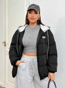 SHEIN EZwear Plus Size Women Casual Letter Decor Zipper Front Draw String Contrast Color Hooded Padded Coat, Winter