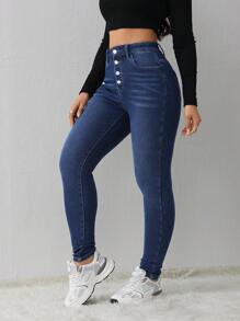 SHEIN Tall CURVE Klassische Jeans in Große Größen für jeden Anlass, Damen High Waist Jeans aus blauem Denim mit funktionalen Taschen und einzigartiger Knopfdetaillierung für einen modernen Look, thermisch gefütterte Jeans - Blau - Übersicht 3