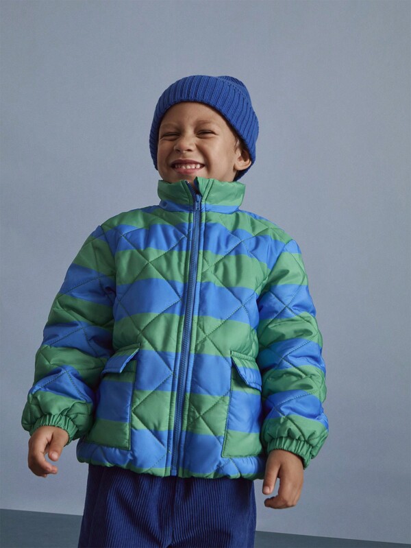 THE HAPPY LOOK Boys' Autumn/Winter Blue & Green Striped, Plaid, Quilted Stand Collar Front Pocket Warm Jacket