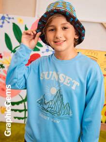 Tween Boys Round Neck Long Sleeve Letter Print Casual Sweatshirt - Royal Blue - View 8