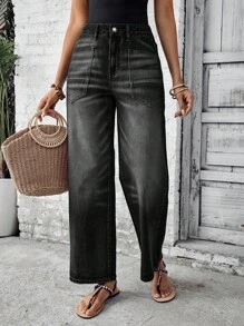 EMERY ROSE Vacation Casual Washed Retro Straight Leg Jeans - Black - View 5