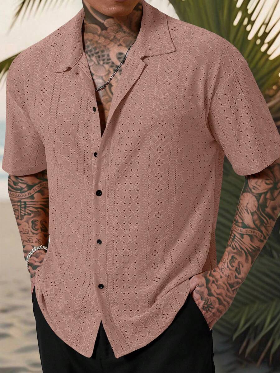 Manfinity Homme Men's Vacation Casual Style, INS Matched With A Knitted Black And White Geometric Striped Crochet Textured Jacquard Loose Short-Sleeve Shirt. Featuring A Button Placket, This Shirt Embodies French Elegance And Romance, Making It Perfect For Hawaiian Beach Vacations, As Well As Music Festivals And Everyday Wear. It Also Serves As An Ideal Gift For Boyfriends Or Husbands. Men's Striped Short Sleeve Single-Breasted Casual Commuter Shirt, Cool Shirts For Men, Nice Shirts For Men, Men's Fashion Shirts - Dusty Pink - View 1