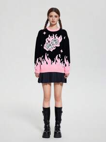 Teen Girl Street Style Flaming Rose Graphic Knit Pullover Sweater, Fashionable For Outing, Party, Photo Shoot - Multicolor - View 3