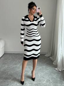 Elenzga فستان كنزة بأكمام طويلة مريح للاستخدام اليومي ذو طباعة مخطط - الأسود - مشاهدة 3