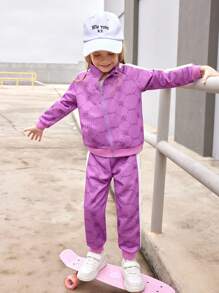 SHEIN Girls 2pcs Sporty Set - Purple Vintage Logo Hoodie Jacket & Comfortable Jogger Pants, Casual Sportswear Outfit For Young Girl