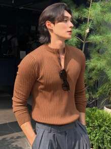 DAZY 1pc Men's Solid Coffee Brown Ribbed Knitted Half-Placket Sweater, Autumn - Brown - View 7