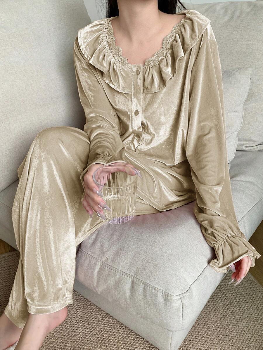 DAZY 女士纯色天鹅绒荷叶边长袖上衣和裤子睡衣套装 - 卡其色 - 查看 1