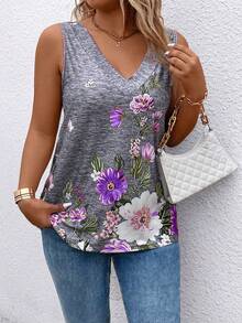 SHEIN LUNE Áo ba lỗ cổ chữ V in hoa cỡ lớn cho nữ - Nhiều màu - Xem 3