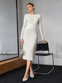 MOTF PREMIUM CONTRAST WRAP CROSS WAIST MIDI DRESS - Black and White - View 2