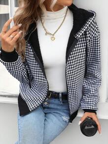SHEIN LUNE 2024 Autumn Winter New Arrival Women's Houndstooth Fuzzy Zip Up Hooded Jacket Sweatshirt
