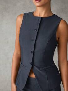 SHEIN BAE Women Summer Solid Color Single Breasted Vest And Pants Daily Commute Suit Outfit Sets Women Fall Sets Winter Women Clothes Suitable For Office Commuting Suit, Office Siren Style - Dark Grey - View 3