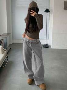 DAZY 女士宽松直筒长款牛仔裤，街头风低腰牛仔裤 - 淺灰色 - 查看 5