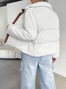 SHEIN Essnce Chaqueta de punto de cable blanca para mujer, chaqueta informal con cremallera holgada, chaleco de cuello redondo de unicolor con cremallera para mujer en otoño/invierno. Cálida y fácil de combinar, adecuada para uso diario, ir a trabajar, en casa, etc. - Blanco - Ver 4