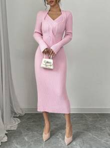 Elenzga Váy len bó dệt kim gân đơn giản cho nữ, thanh lịch để mặc hàng ngày, mùa thu/đông - Hồng - Xem 4