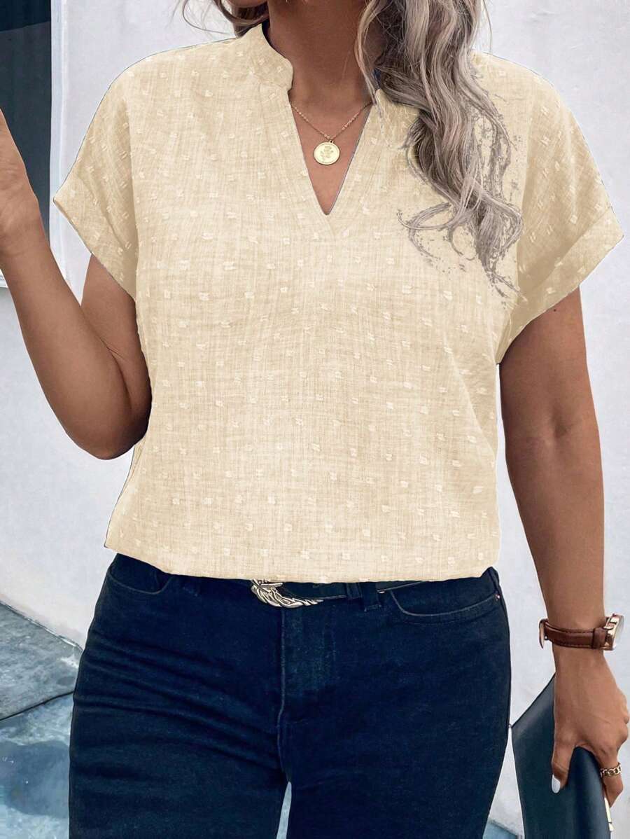 SHEIN LUNE Plus Size Casual Solid Color Textured Notched Collar Batwing Blouse - Apricot - View 1