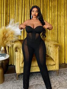 Slaydiva 女士性感网眼撞色露肩露背连体裤，纯黑色，适合派对