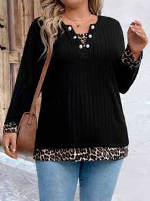 EMERY ROSE Plus Size Solid Color Textured Fabric Leopard Print Collar Button Detail Notched Neck Long Sleeve T-Shirt Tees Women Tops - Black - View 1