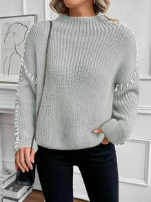 SHEIN LUNE 新款半高领宽松长袖套头毛衣，秋冬休闲针织衫 - 灰色 - 查看 7