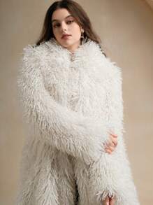 Anewsta Plus Size Women Fluffy Elegant Long Coat, Fashionable Outerwear For Autumn & Winter - White - View 5