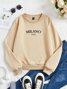 SHEIN EZwear 休闲简约米兰印花图案白色圆领长袖宽松女式套头衫 - 杏色 - 查看 4