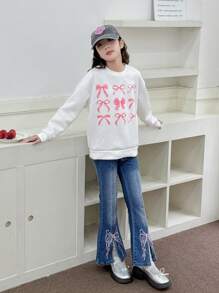 Tween Girls Bow Embroidered Side Split Flared Jeans, Retro Flare Jeans For Tween Girls - Medium Wash - View 6