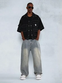 SUMWON Boxy Elbow Sleeve Contrast Stitch Cargo Denim Shirt - Black - View 1