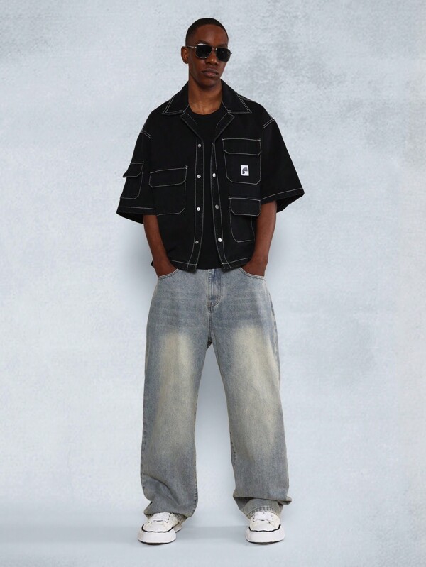 SUMWON Boxy Elbow Sleeve Contrast Stitch Cargo Denim Shirt