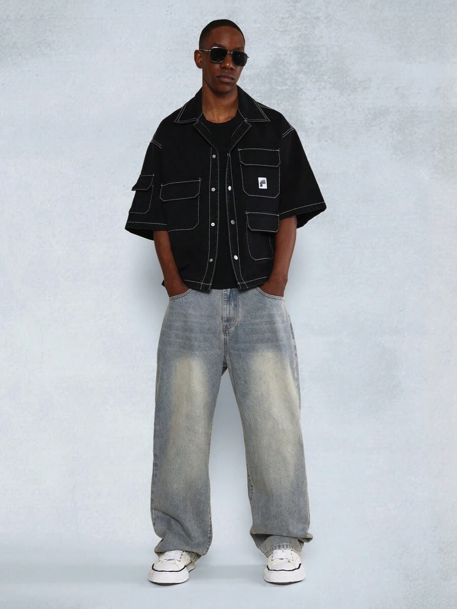 SUMWON Boxy Elbow Sleeve Contrast Stitch Cargo Denim Shirt - Black - View 1
