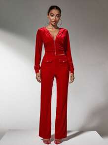 SHEIN SXY Winter Clothes Red Velvet Christmas Hoodies Pocket Pants Two-Piece Set - Red - View 5