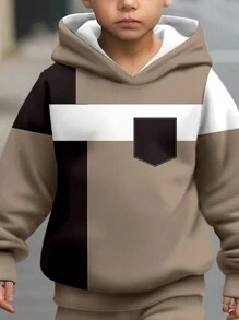 SHEIN 2 件装年轻男孩休闲字母图案宽松运动连帽衫和运动裤套装，适合秋冬季 - 彩色 - 查看 3